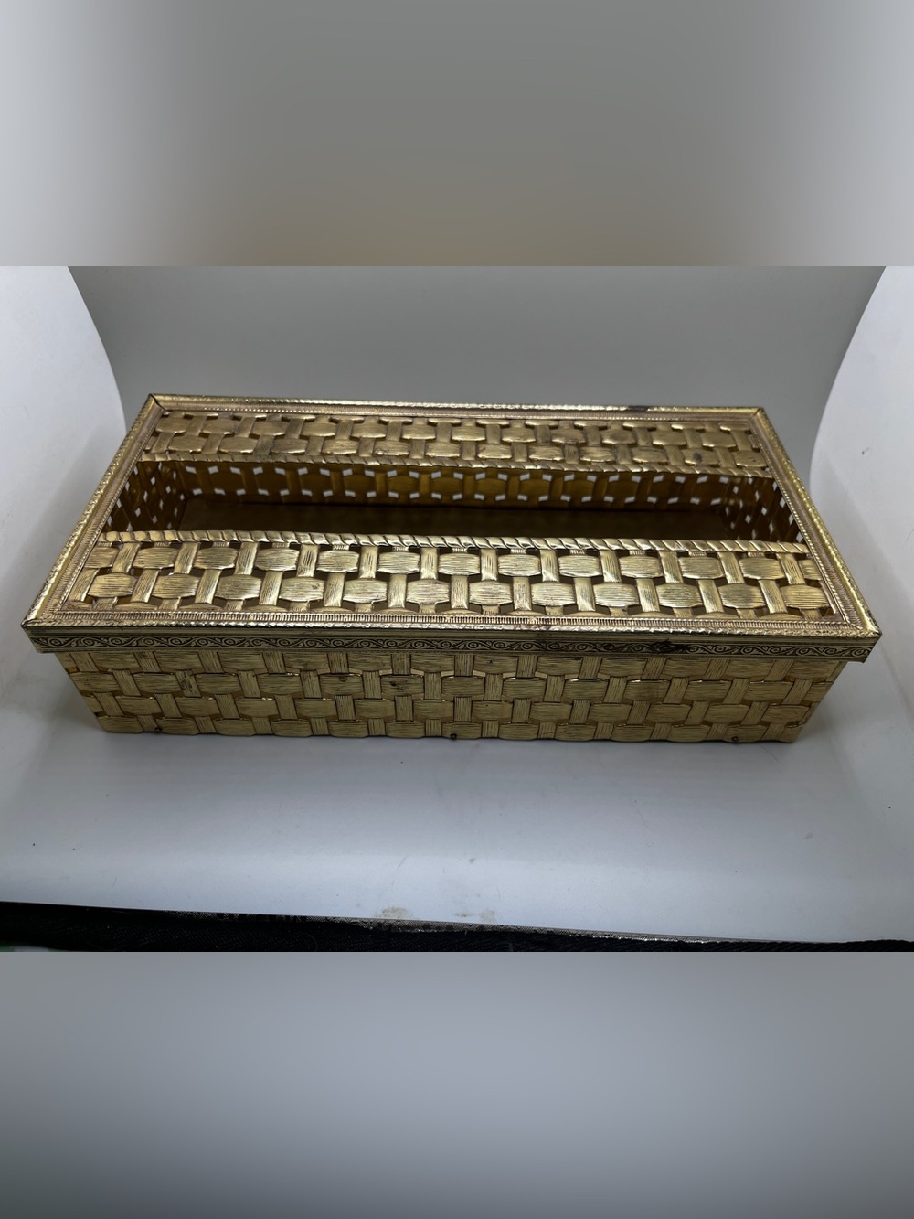 Vintage Brass Basket Weave Tissue Box Hollywood Regency